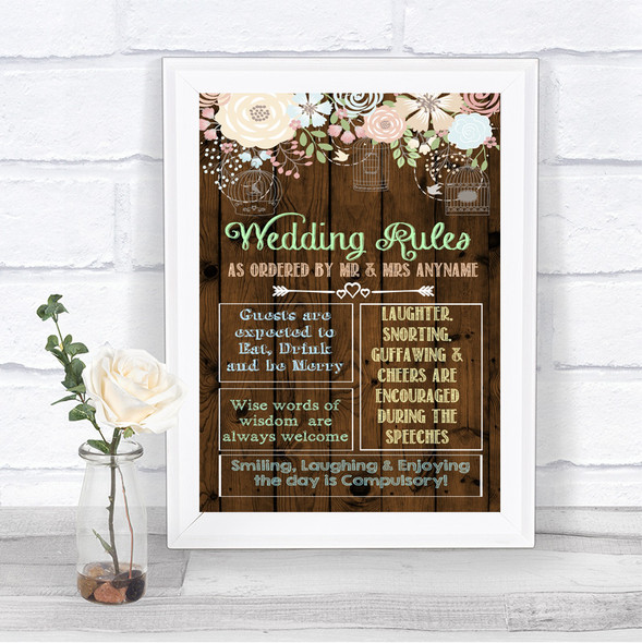 Rustic Floral Wood Rules Of The Wedding Personalized Wedding Sign