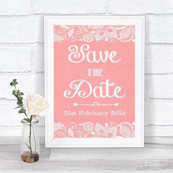 Coral Burlap & Lace Save The Date Personalized Wedding Sign