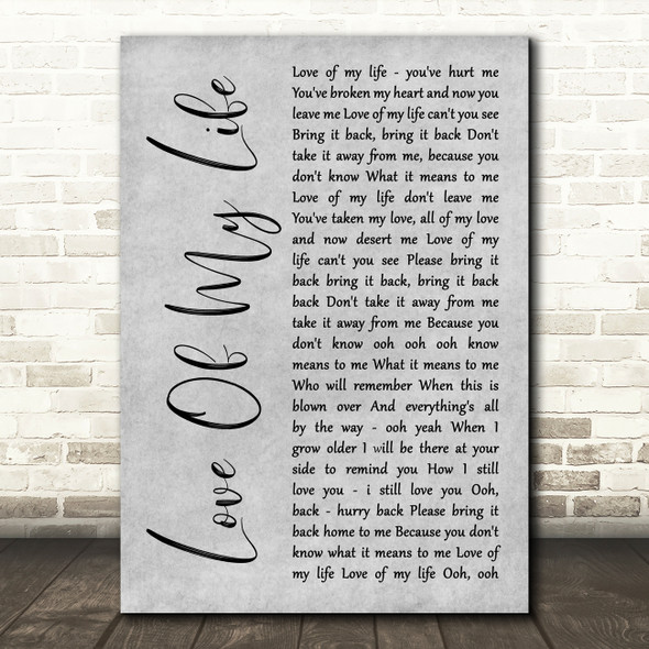 Scorpions Love Of My Life Grey Rustic Script Song Lyric Wall Art Print