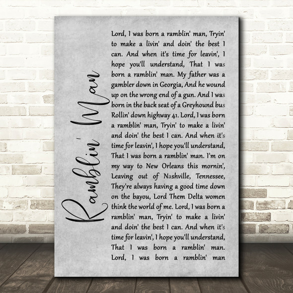 The Allman Brothers Band Ramblin' Man Grey Rustic Script Song Lyric Wall Art Print