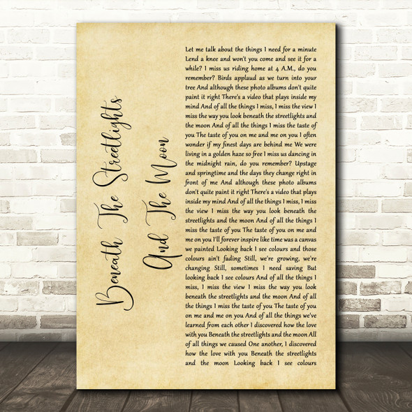 JP Cooper Beneath The Streetlights And The Moon Rustic Script Song Lyric Wall Art Print