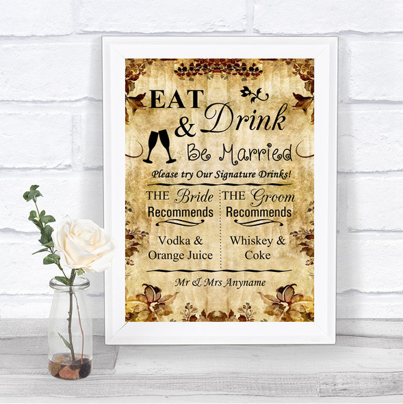 Autumn Vintage Signature Favourite Drinks Personalized Wedding Sign