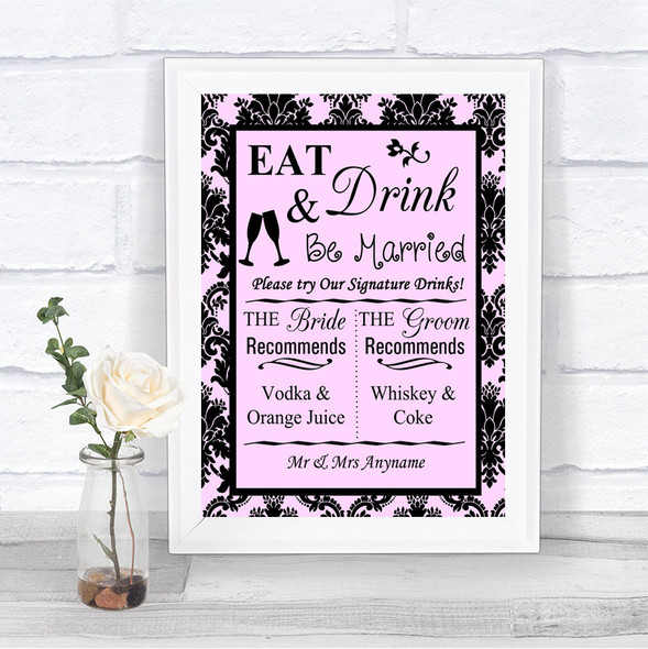 Baby Pink Damask Signature Favourite Drinks Personalized Wedding Sign