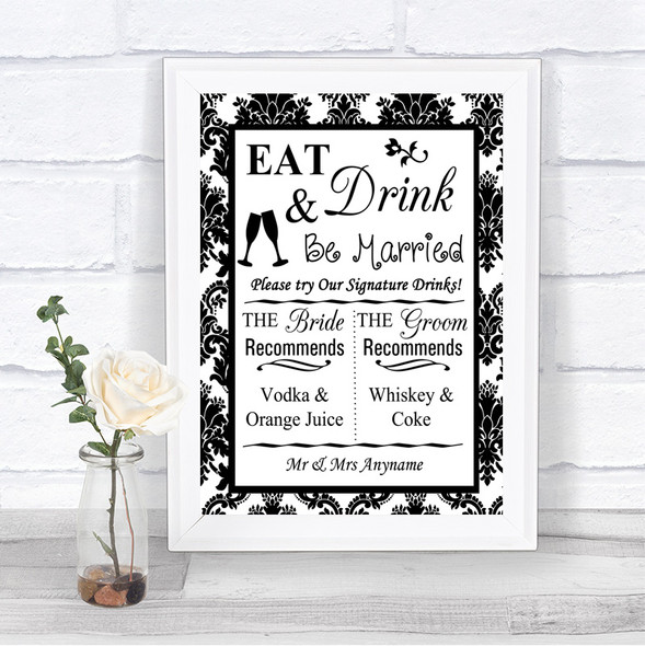 Black & White Damask Signature Favourite Drinks Personalized Wedding Sign