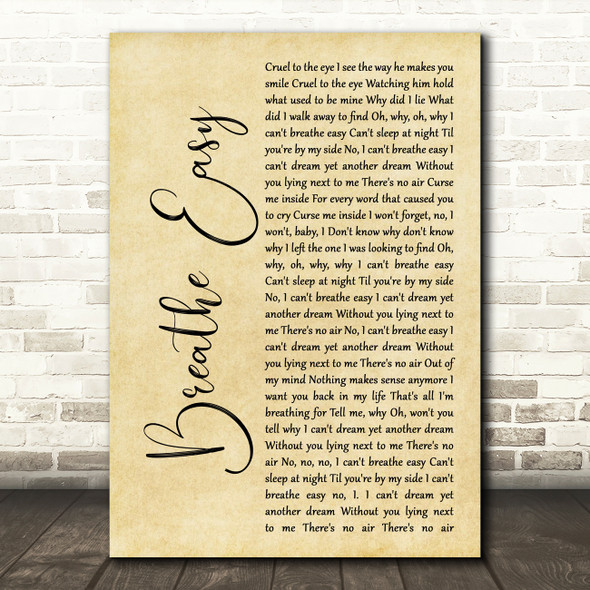 Blue Breathe Easy Rustic Script Song Lyric Wall Art Print