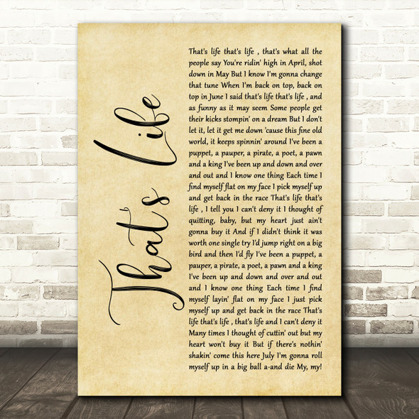 Frank Sinatra That's Life Rustic Script Song Lyric Wall Art Print