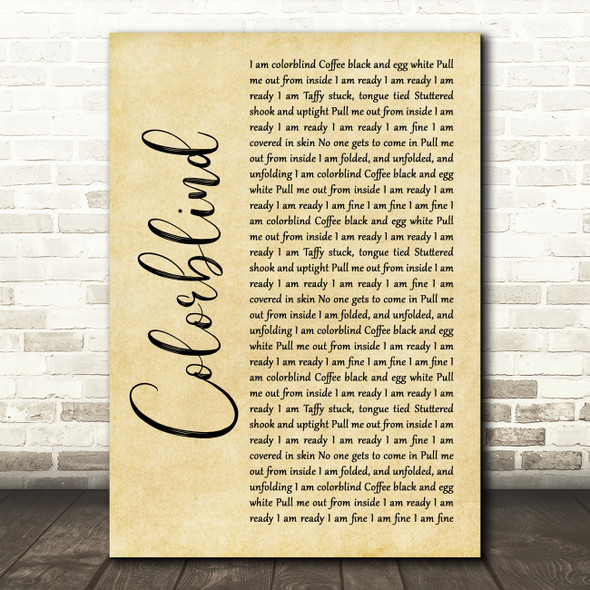 Counting Crows Colorblind Rustic Script Song Lyric Wall Art Print