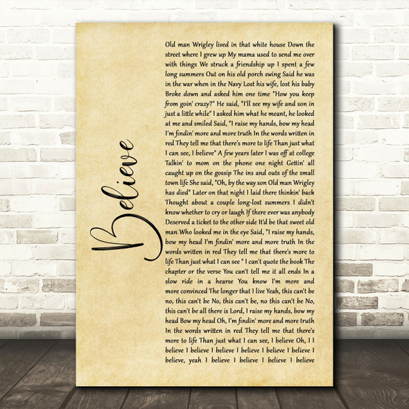 Brooks & Dunn Believe Rustic Script Song Lyric Wall Art Print