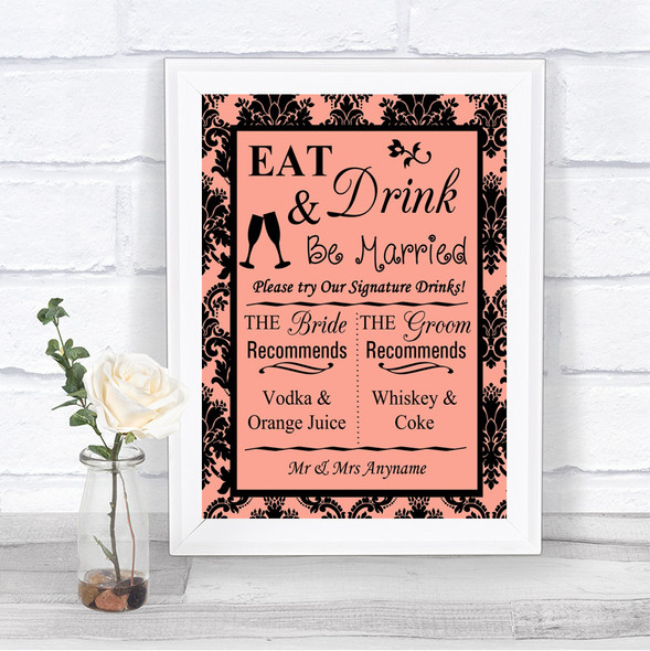 Coral Damask Signature Favourite Drinks Personalized Wedding Sign