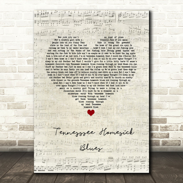 Dolly Parton Tennesssee Homesick Blues Script Heart Song Lyric Wall Art Print