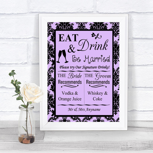 Lilac Damask Signature Favourite Drinks Personalized Wedding Sign