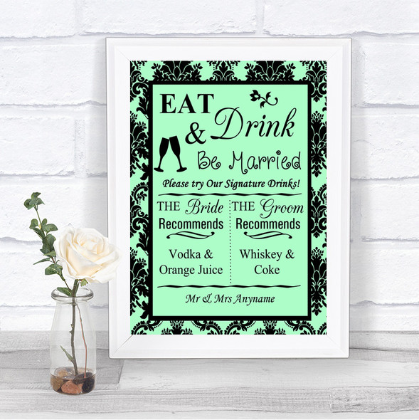 Mint Green Damask Signature Favourite Drinks Personalized Wedding Sign