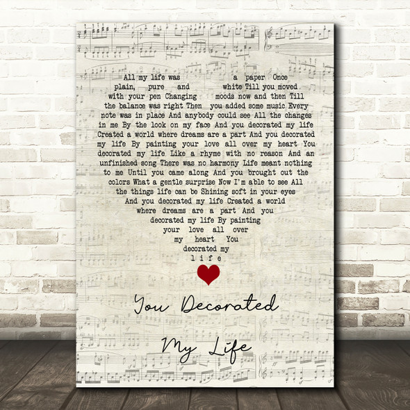 Kenny Rogers You Decorated My Life Script Heart Song Lyric Wall Art Print