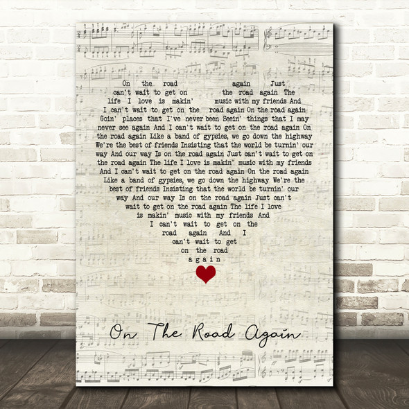 Willie Nelson On The Road Again Script Heart Song Lyric Wall Art Print