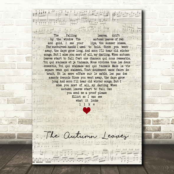 Eva Cassidy The Autumn Leaves Script Heart Song Lyric Wall Art Print