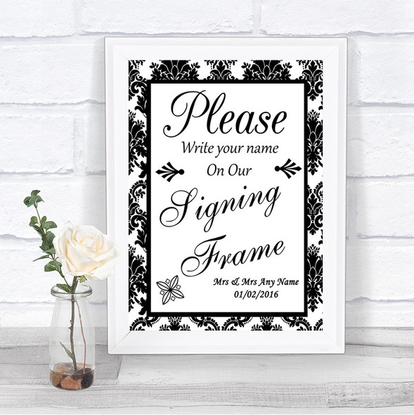 Black & White Damask Signing Frame Guestbook Personalized Wedding Sign