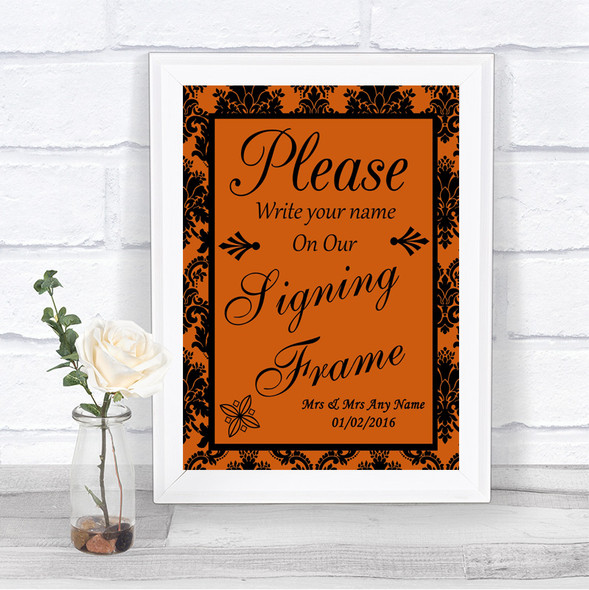 Burnt Orange Damask Signing Frame Guestbook Personalized Wedding Sign
