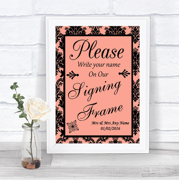 Coral Damask Signing Frame Guestbook Personalized Wedding Sign