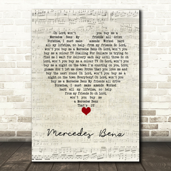 Janis Joplin Mercedes Benz Script Heart Song Lyric Wall Art Print