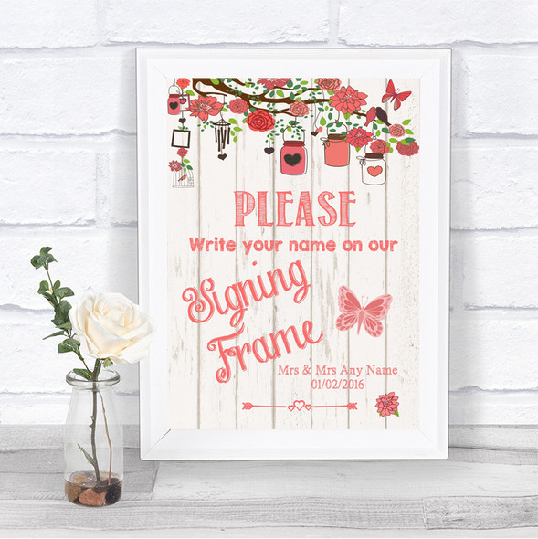 Coral Rustic Wood Signing Frame Guestbook Personalized Wedding Sign