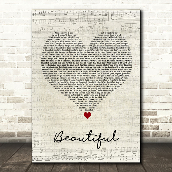 Akon Beautiful Script Heart Song Lyric Wall Art Print