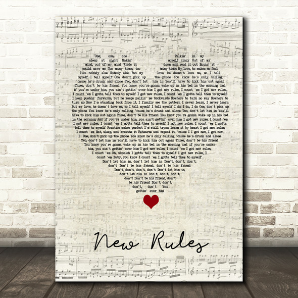 Dua Lipa New Rules Script Heart Song Lyric Wall Art Print