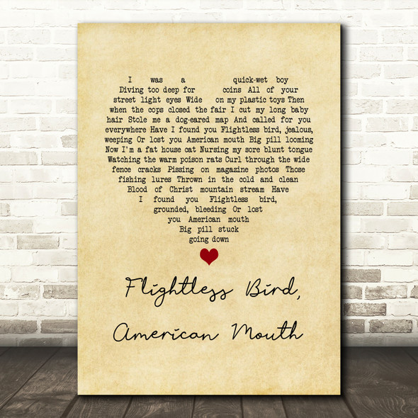 Iron & Wine Flightless Bird, American Mouth Vintage Heart Song Lyric Wall Art Print