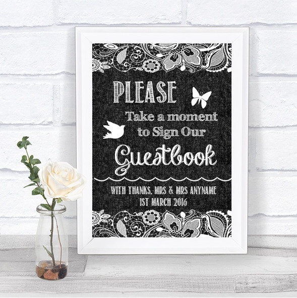 Dark Grey Burlap & Lace Take A Moment To Sign Our Guest Book Wedding Sign
