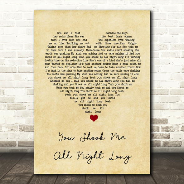 AC DC You Shook Me All Night Long Vintage Heart Song Lyric Wall Art Print