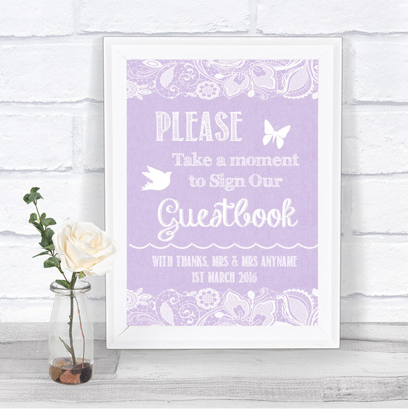 Lilac Burlap & Lace Take A Moment To Sign Our Guest Book Wedding Sign