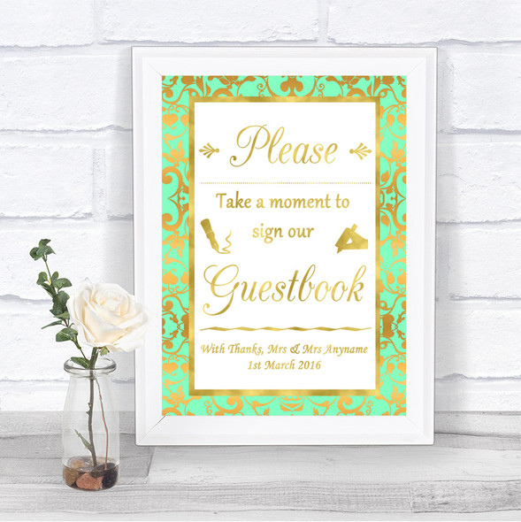 Mint Green & Gold Take A Moment To Sign Our Guest Book Personalized Wedding Sign