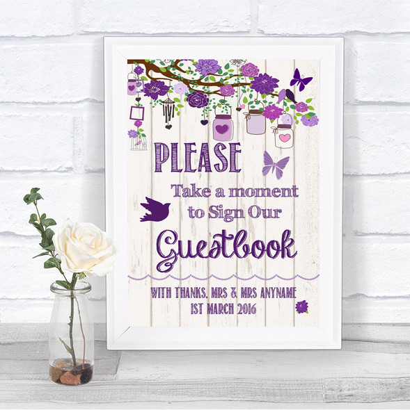 Purple Rustic Wood Take A Moment To Sign Our Guest Book Wedding Sign