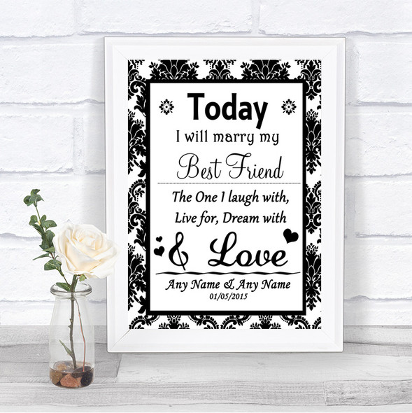 Black & White Damask Today I Marry My Best Friend Personalized Wedding Sign