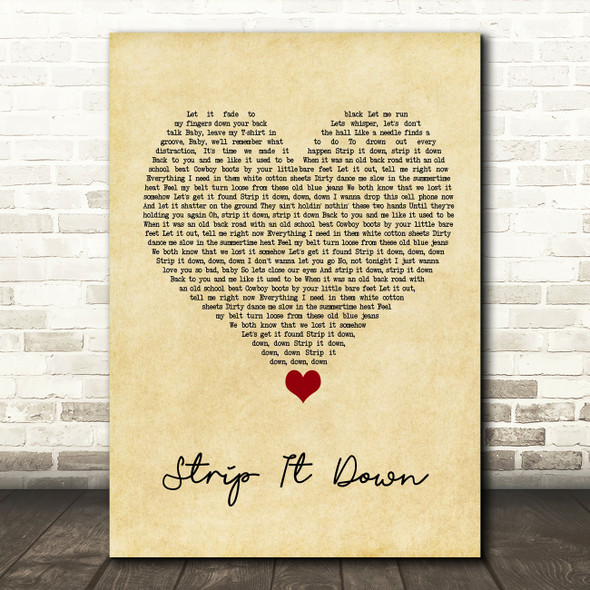 Luke Bryan Strip It Down Vintage Heart Song Lyric Wall Art Print