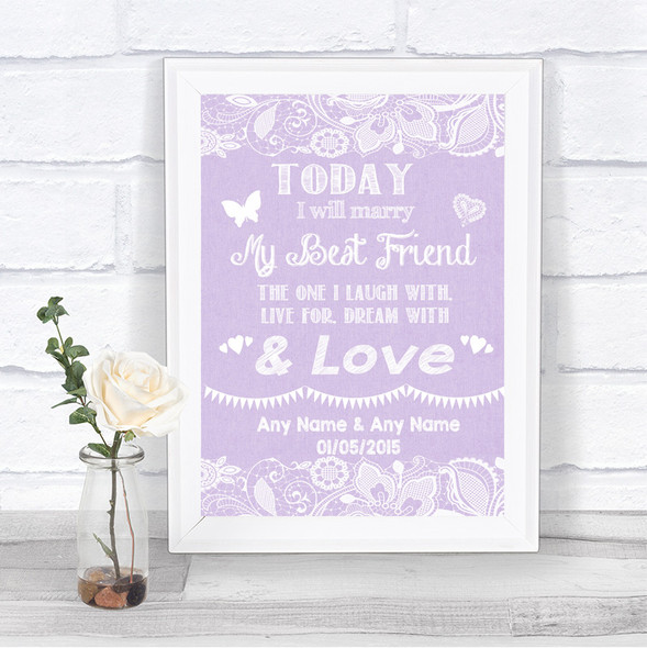 Lilac Burlap & Lace Today I Marry My Best Friend Personalized Wedding Sign