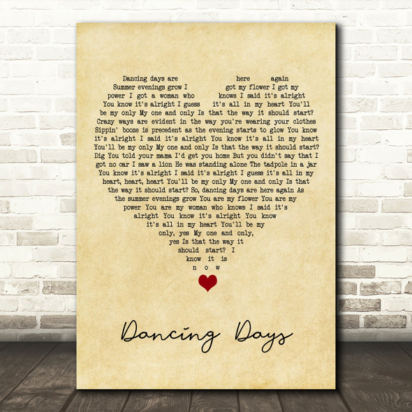 Led Zeppelin Dancing Days Vintage Heart Song Lyric Wall Art Print
