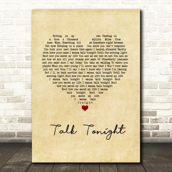 Oasis Talk Tonight Vintage Heart Song Lyric Wall Art Print