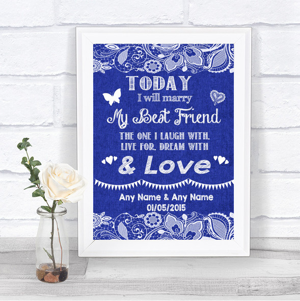 Navy Blue Burlap & Lace Today I Marry My Best Friend Personalized Wedding Sign