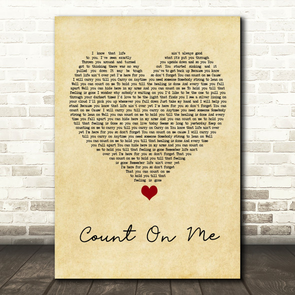 Default Count On Me Vintage Heart Song Lyric Wall Art Print