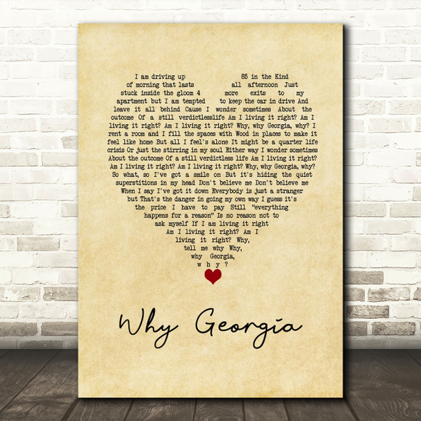 John Mayer Why Georgia Vintage Heart Song Lyric Wall Art Print