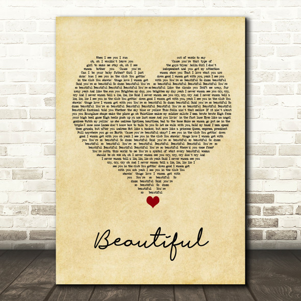 Akon Beautiful Vintage Heart Song Lyric Wall Art Print