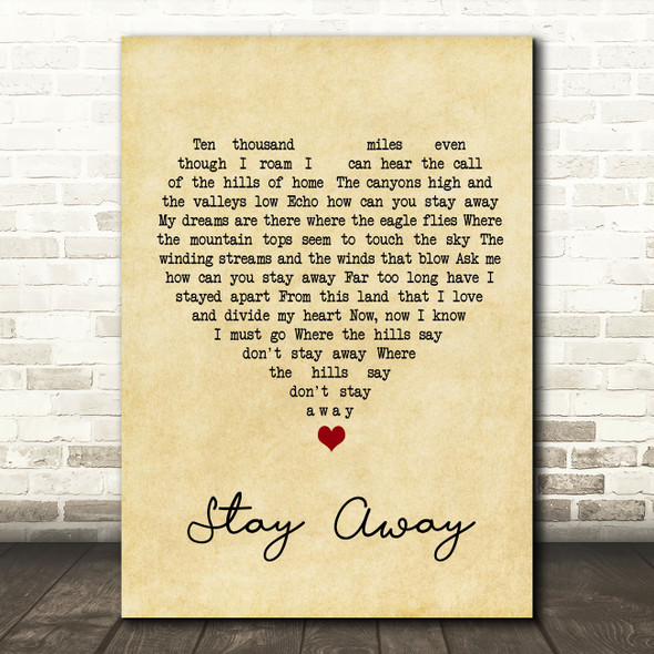 Elvis Presley Stay Away Vintage Heart Song Lyric Wall Art Print