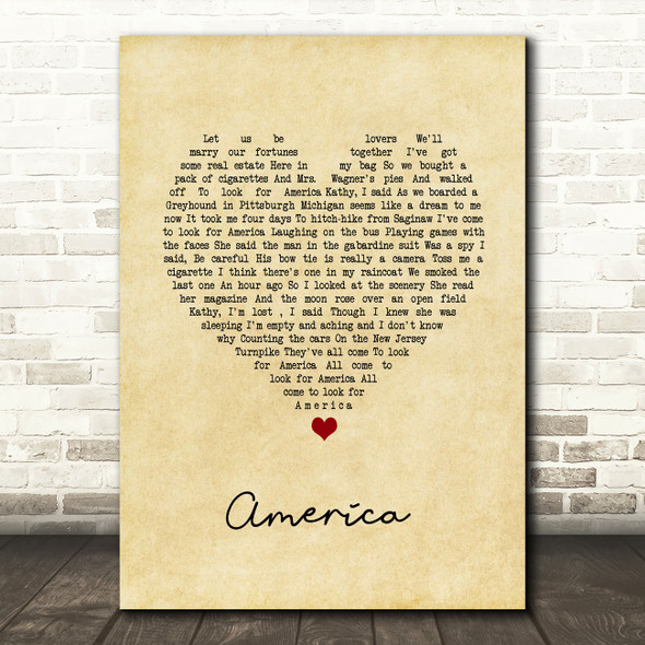 Simon & Garfunkel America Vintage Heart Song Lyric Wall Art Print
