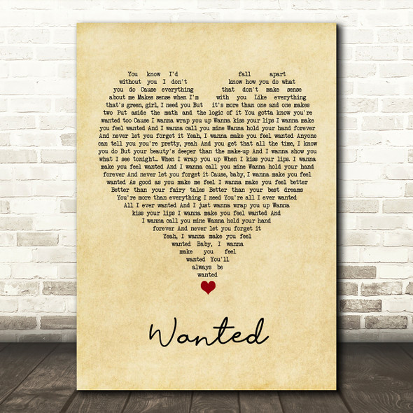 Hunter Hayes Wanted Script Heart Song Lyric Wall Art Print Red Heart Print