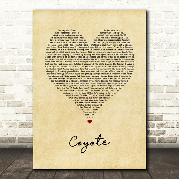 Joni Mitchell Coyote Vintage Heart Song Lyric Wall Art Print