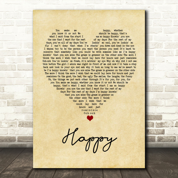 Never Shout Never Happy Vintage Heart Song Lyric Wall Art Print