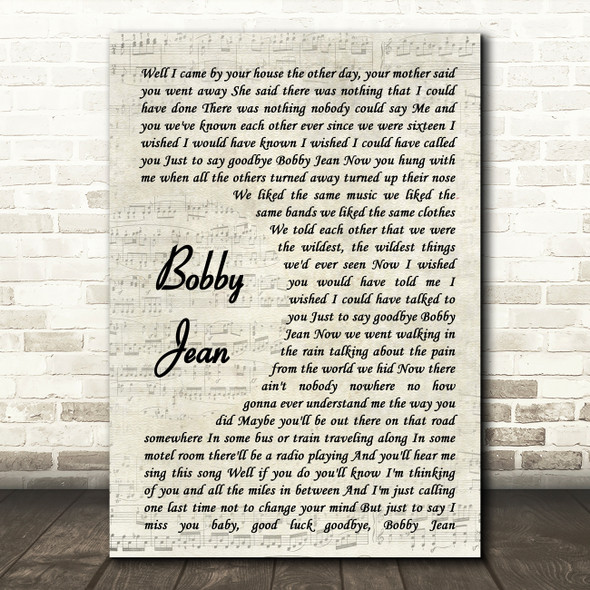 Bruce Springsteen Bobby Jean Vintage Script Song Lyric Wall Art Print