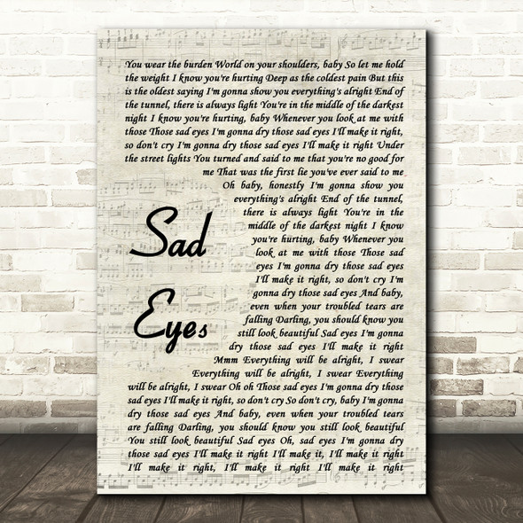 James Arthur Sad Eyes Vintage Script Song Lyric Wall Art Print