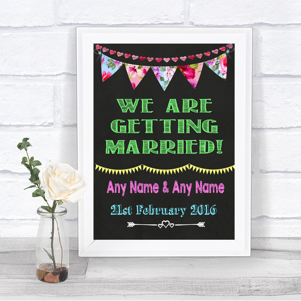 Bright Bunting Chalk We Are Getting Married Personalized Wedding Sign