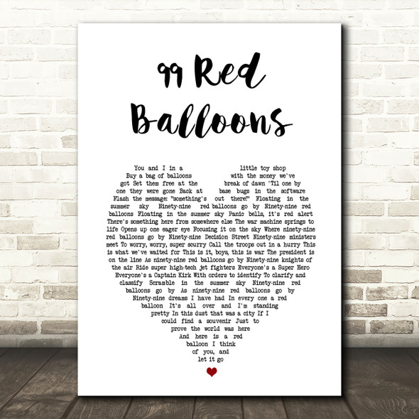 Nena 99 Red Balloons White Heart Song Lyric Wall Art Print